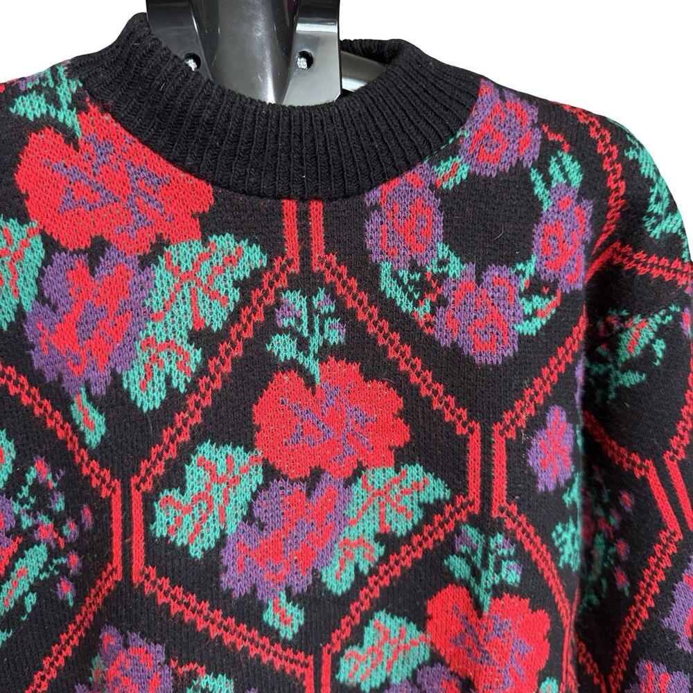 Vintage 80s Headliners pink green floral henley sweatshirt Med black USA - Picture 3 of 10